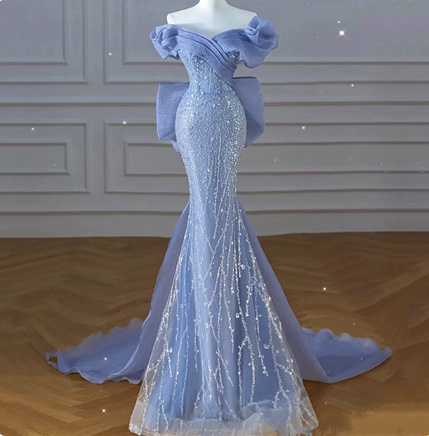 Elegant Dreamy Blue Mermaid Off-The-Shoulder Bow Sequined Tulle Train Prom Dress Evening Dress Main image