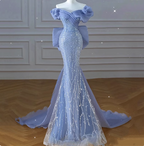 Elegant Dreamy Blue Mermaid Off-The-Shoulder Bow Sequined Tulle Train Prom Dress Evening Dress