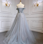 Elegant Dusty Blue A-Line Off-The-Shoulder Beaded Tulle Long Prom Dress Evening Dress