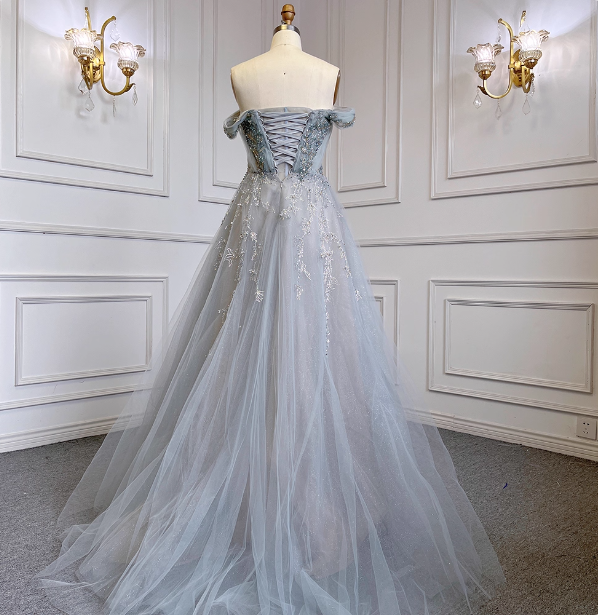 Elegant Dusty Blue A-Line Off-The-Shoulder Beaded Tulle Long Prom Dress Evening Dress