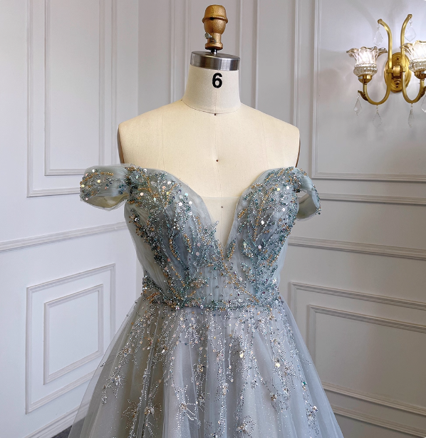 Elegant Dusty Blue A-Line Off-The-Shoulder Beaded Tulle Long Prom Dress Evening Dress