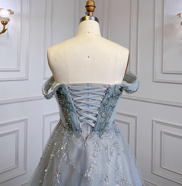 Elegant Dusty Blue A-Line Off-The-Shoulder Beaded Tulle Long Prom Dress Evening Dress