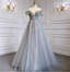 Elegant Dusty Blue A-Line Off-The-Shoulder Beaded Tulle Long Prom Dress Evening Dress