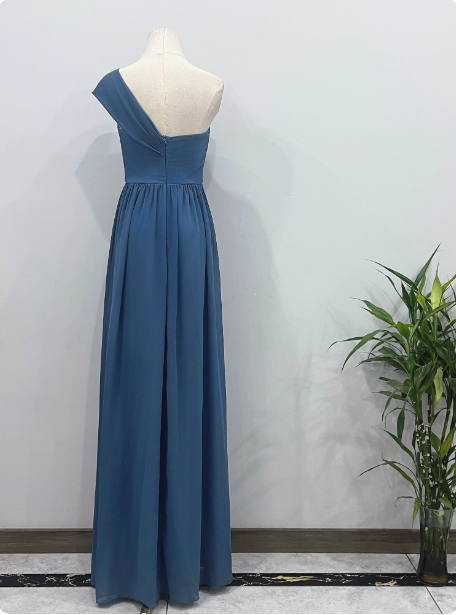 Elegant Dusty Blue One-Shoulder Chiffon Prom Dress Evening Dress Bridesmaid Dress