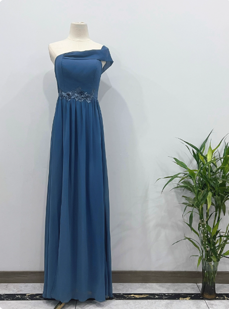 Elegant Dusty Blue One-Shoulder Chiffon Prom Dress Evening Dress Bridesmaid Dress Main image