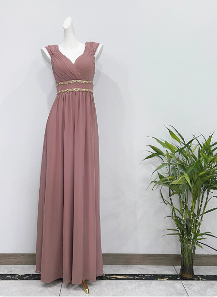 Elegant Dusty Pink A-Line Spaghetti Strap V-Neck Chiffon Long Prom Dress Evening Dress Secondary image