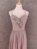 Elegant Dusty Pink Spaghetti Strap Ruffled Chiffon Long Prom Dress Evening Dress Bridesmaid Dress