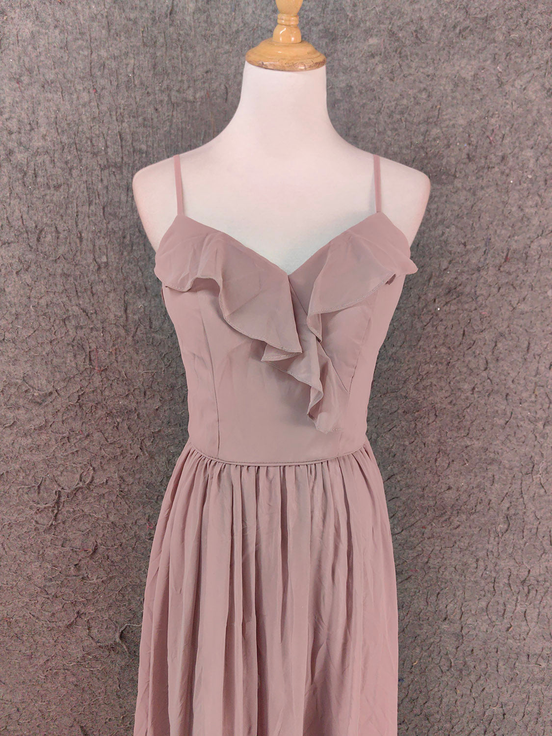 Elegant Dusty Pink Spaghetti Strap Ruffled Chiffon Long Prom Dress Evening Dress Bridesmaid Dress