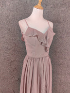Elegant Dusty Pink Spaghetti Strap Ruffled Chiffon Long Prom Dress Evening Dress Bridesmaid Dress