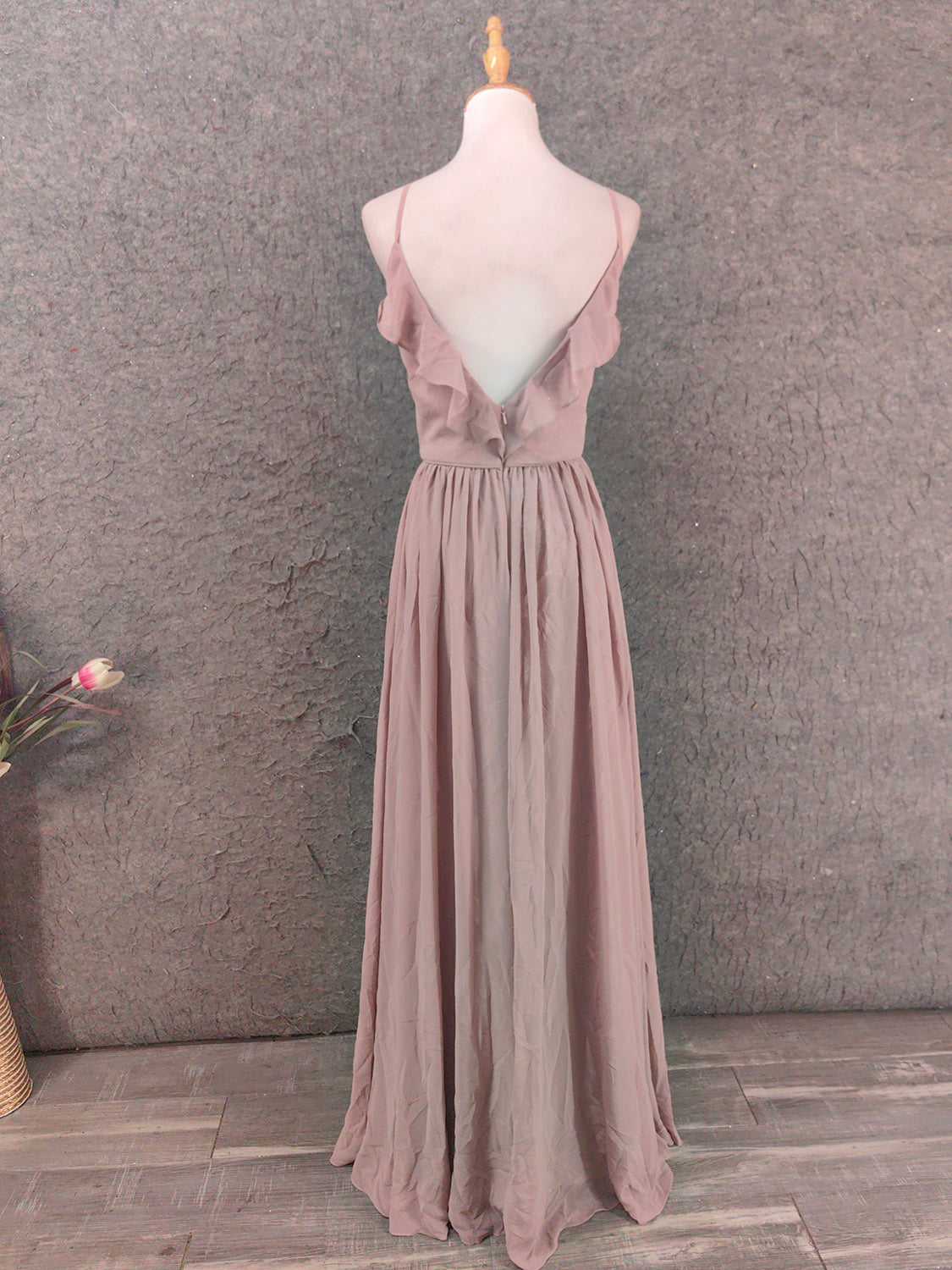 Elegant Dusty Pink Spaghetti Strap Ruffled Chiffon Long Prom Dress Evening Dress Bridesmaid Dress