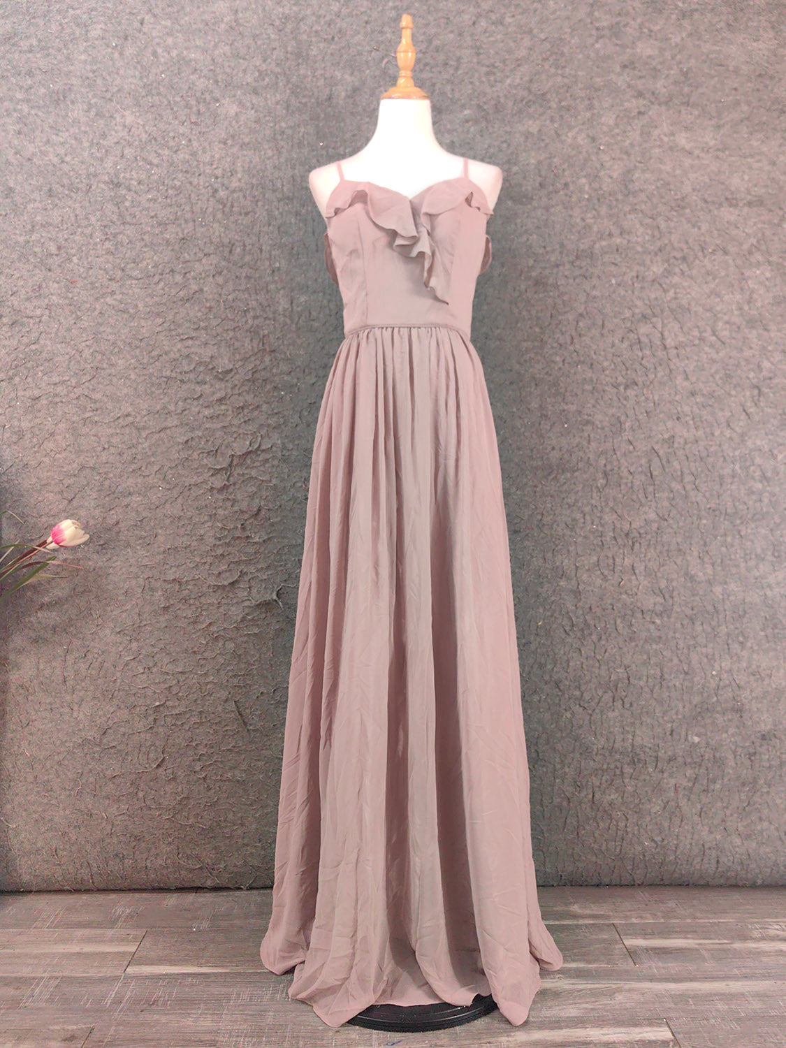 Elegant Dusty Pink Spaghetti Strap Ruffled Chiffon Long Prom Dress Evening Dress Bridesmaid Dress Main image