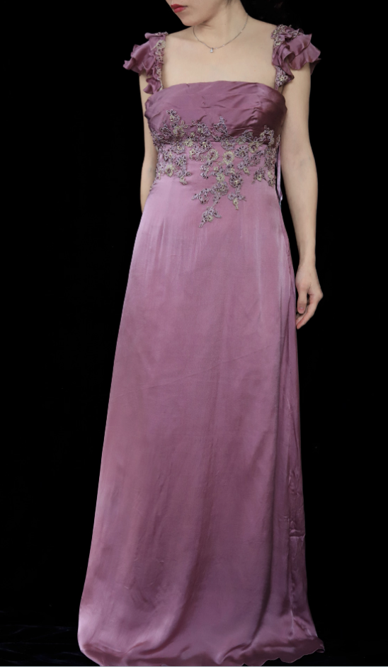 Elegant Dusty Rose Square Neck Spaghetti Strap Embroidered Ruffle Satin Long Prom Dress Evening Dress