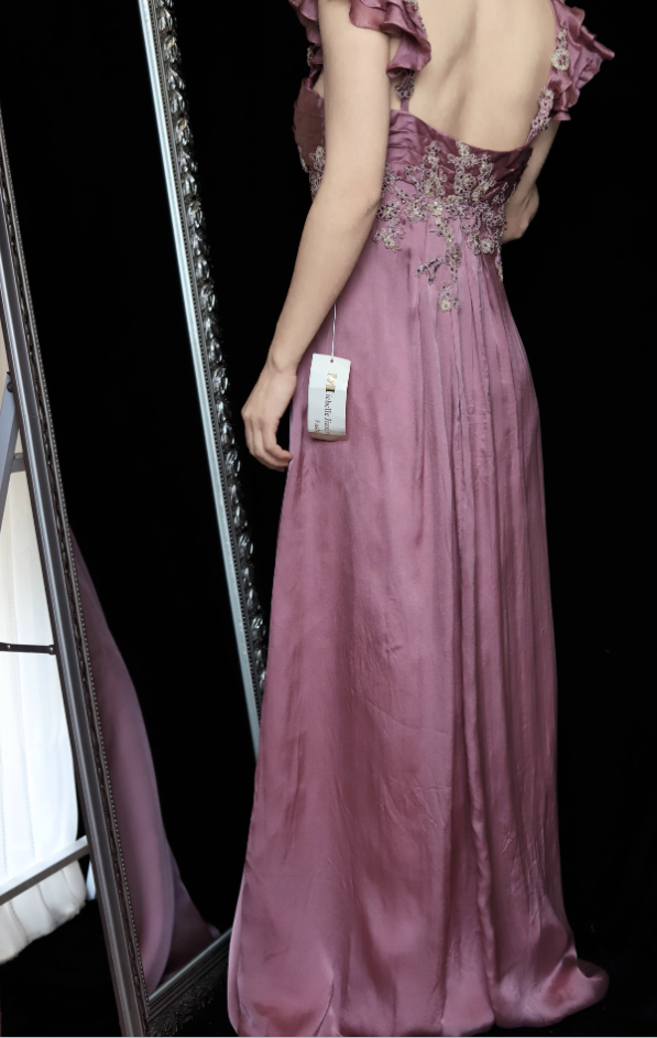 Elegant Dusty Rose Square Neck Spaghetti Strap Embroidered Ruffle Satin Long Prom Dress Evening Dress