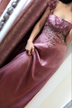 Elegant Dusty Rose Square Neck Spaghetti Strap Embroidered Ruffle Satin Long Prom Dress Evening Dress