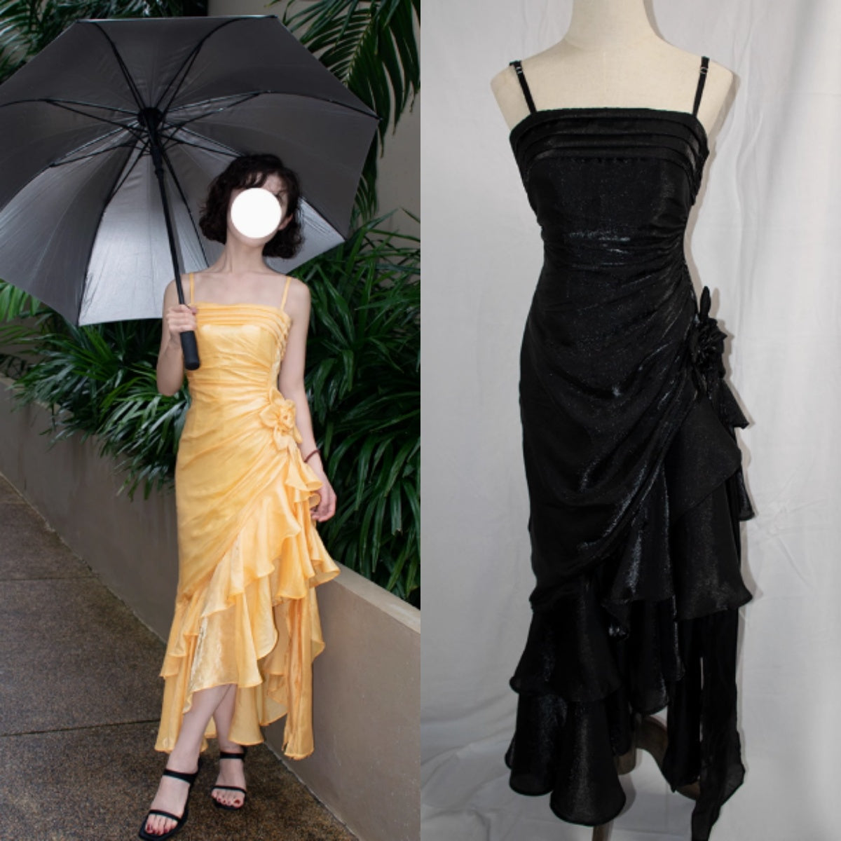 Vintage Spaghetti Straps Chiffon Satin Ruffled Prom Dress Fairytale Party Dress