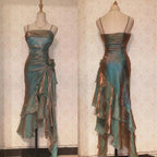 Vintage Spaghetti Straps Chiffon Satin Ruffled Prom Dress Fairytale Party Dress