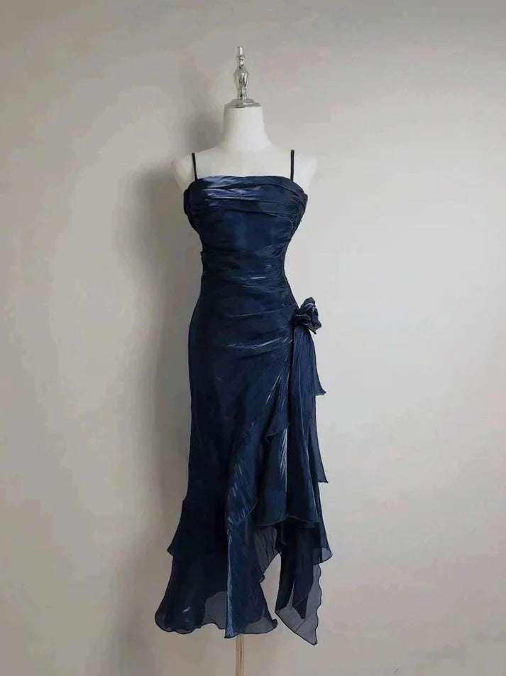 Vintage Spaghetti Straps Chiffon Satin Ruffled Prom Dress Fairytale Party Dress