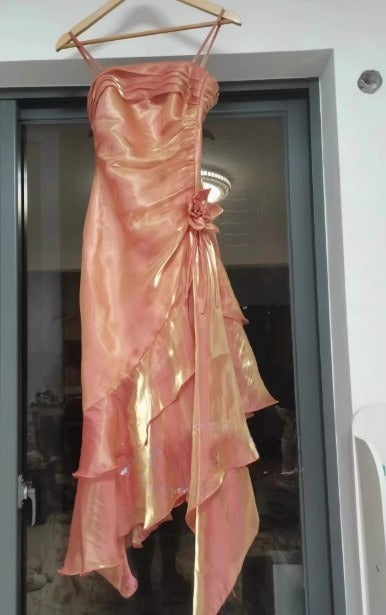 Vintage Spaghetti Straps Chiffon Satin Ruffled Prom Dress Fairytale Party Dress