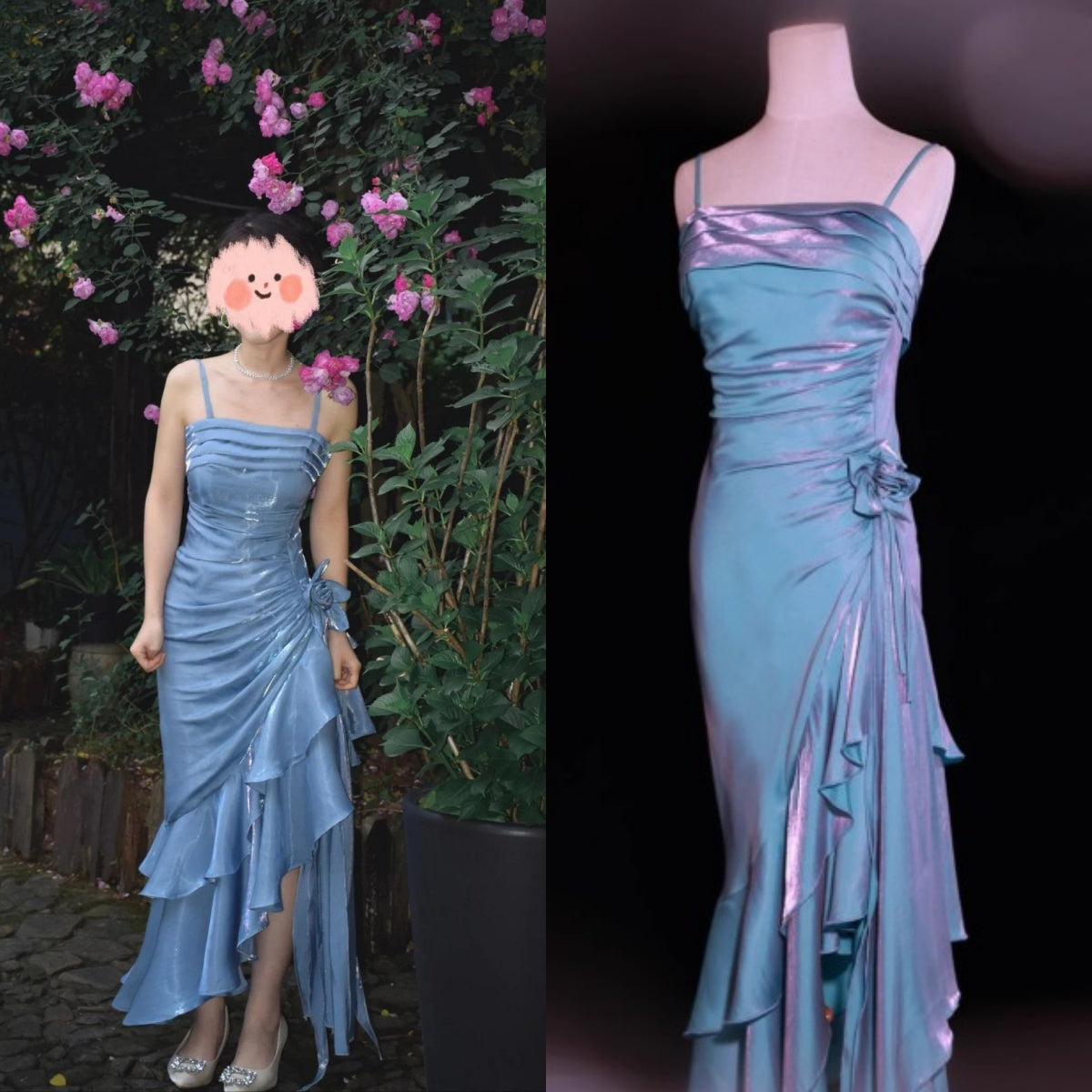 Vintage Spaghetti Straps Chiffon Satin Ruffled Prom Dress Fairytale Party Dress