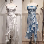 Vintage Spaghetti Straps Chiffon Satin Ruffled Prom Dress Fairytale Party Dress
