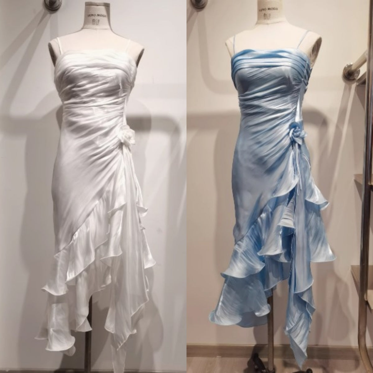 Vintage Spaghetti Straps Chiffon Satin Ruffled Prom Dress Fairytale Party Dress