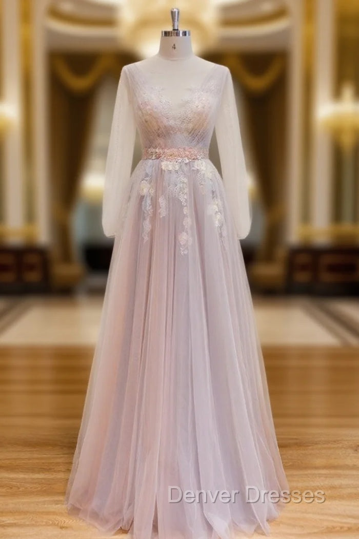 Elegant Flower Lace Pink Party Dres,s Sexy V Neck Evening Dress Backless Tulle Prom Dress