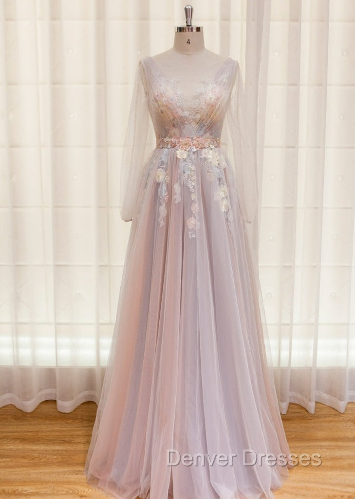 Elegant Flower Lace Pink Party Dres,s Sexy V Neck Evening Dress Backless Tulle Prom Dress Secondary image