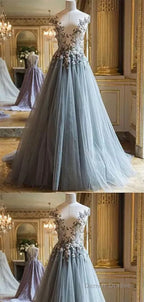 Elegant Flower V-Neck Tulle Prom Dress,