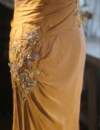 Elegant Ginger Yellow Mermaid V-Neck Beaded Embroidered Satin Prom Dress Evening Dress