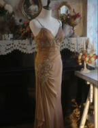 Elegant Ginger Yellow Mermaid V-Neck Beaded Embroidered Satin Prom Dress Evening Dress