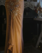 Elegant Ginger Yellow Mermaid V-Neck Beaded Embroidered Satin Prom Dress Evening Dress