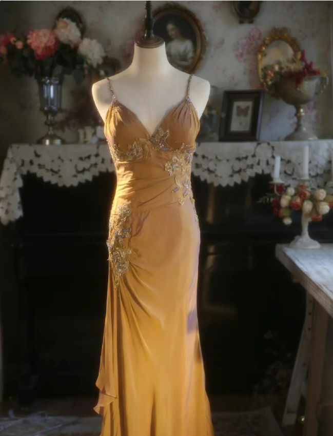 Elegant Ginger Yellow Mermaid V-Neck Beaded Embroidered Satin Prom Dress Evening Dress