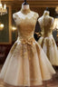 Elegant Gold Applique Homecoming Dress High Neck Knee Length A Line