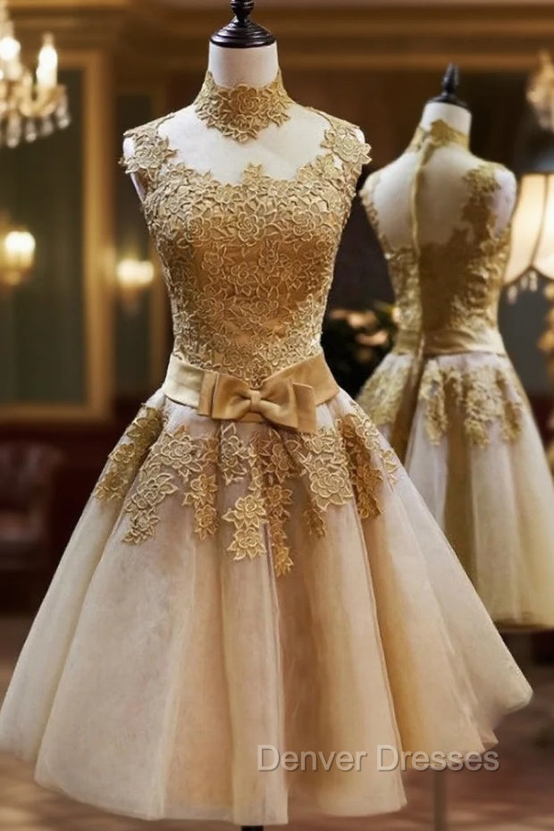 Elegant Gold Applique Homecoming Dress High Neck Knee Length A Line Main image