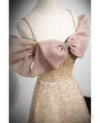 Elegant Gold Rhinestone Sequin Thin Shoulder Strap Off Shoulder Evening Gown With Gold A-Line Princess Bow Short Sleeved Off Back Strap And Floor Length Prom Dress
