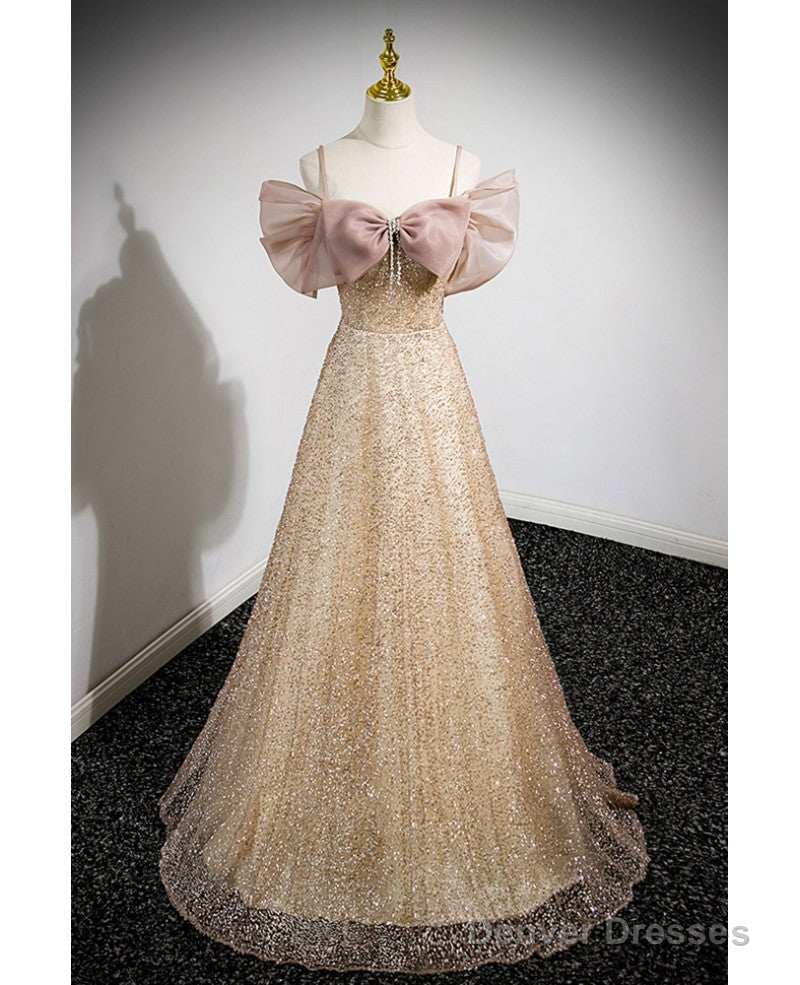 Elegant Gold Rhinestone Sequin Thin Shoulder Strap Off Shoulder Evening Gown With Gold A-Line Princess Bow Short Sleeved Off Back Strap And Floor Length Prom Dress Main image