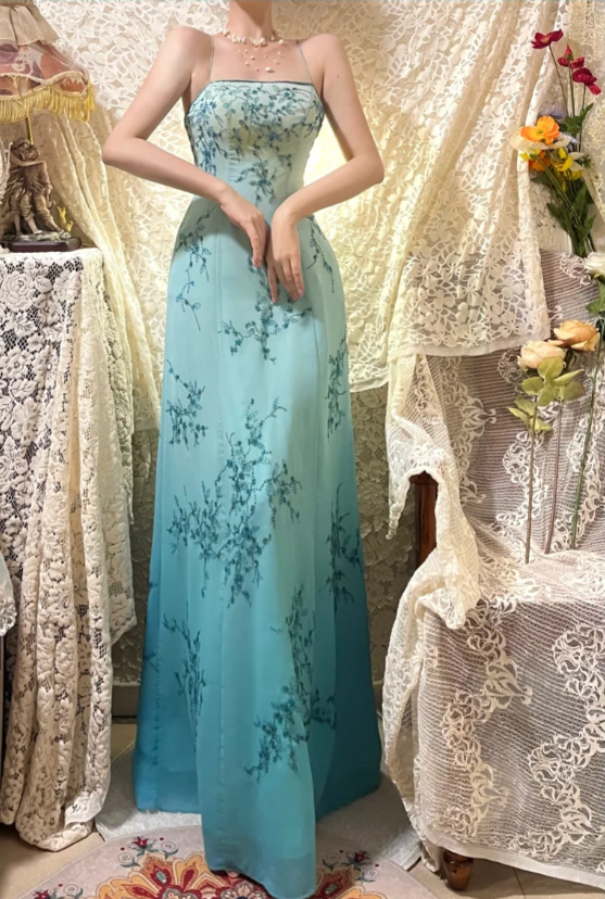 Elegant Gradient Blue Oil Painting Beaded Long Prom Dress