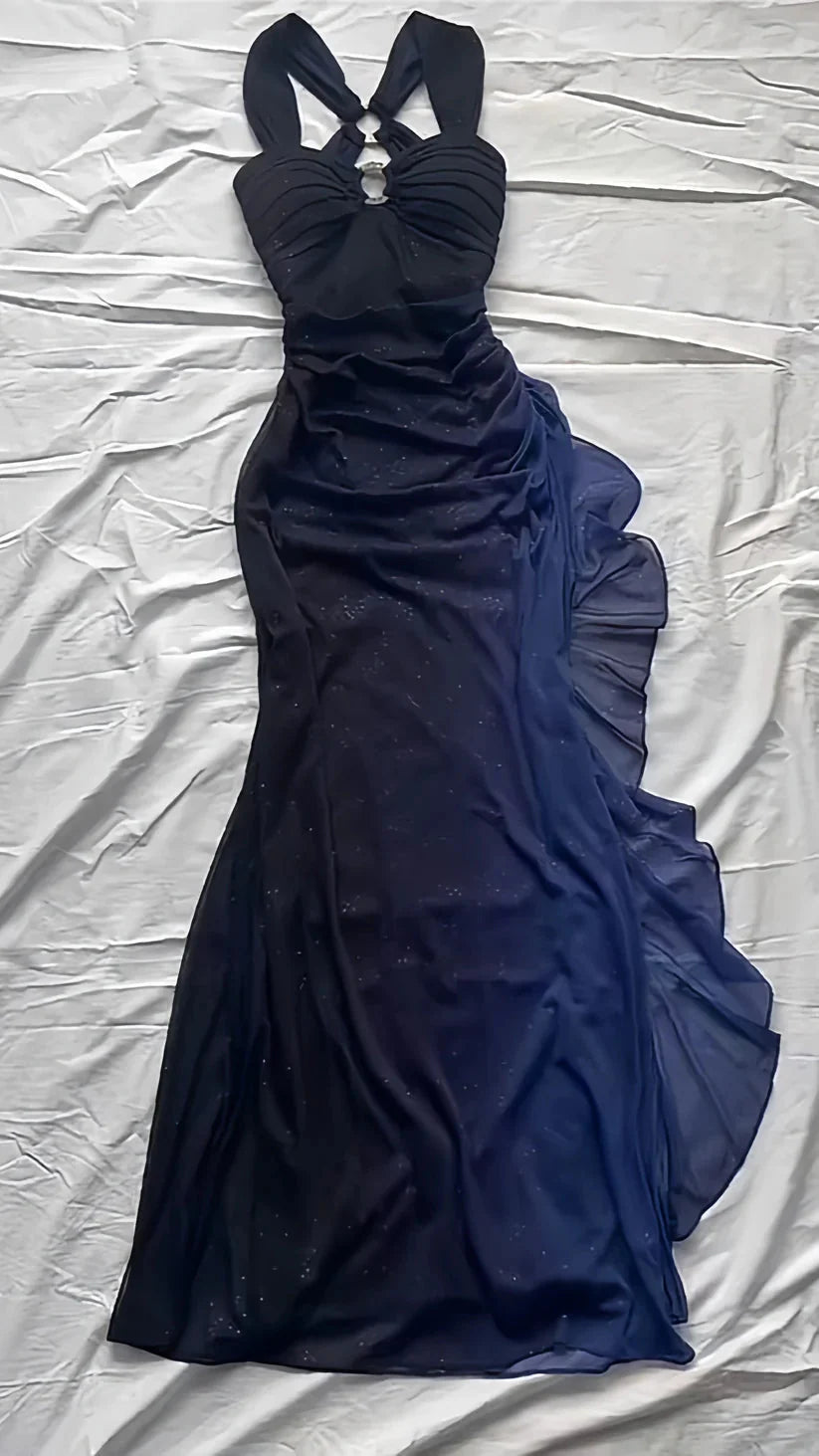 Affordable Dress Under $160||Elegant Gradient Navy Blue Sheath Spaghetti Straps Sparkling Chiffon  Prom Dress For Party