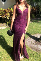 Elegant  Mermaid Formal Dress Under $170’Ã?Charming Grape Spaghetti Straps Applique Long Backless Prom Dress With Slit