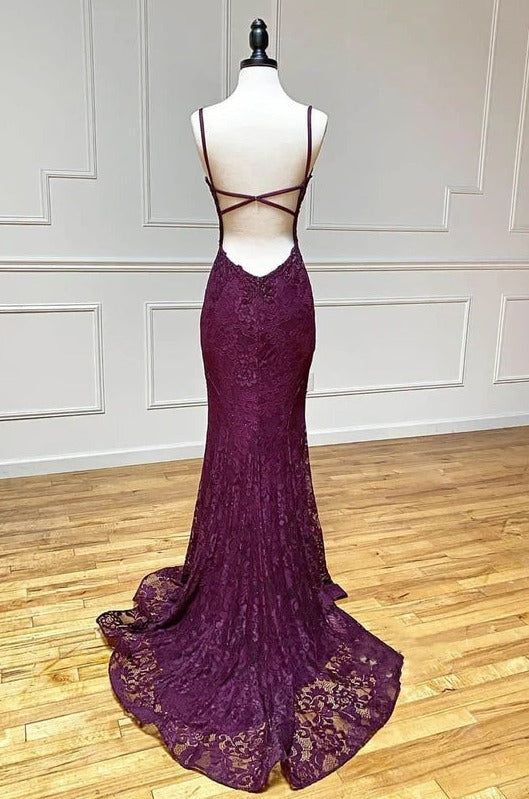 Elegant  Mermaid Formal Dress Under $170’Ã?Charming Grape Spaghetti Straps Applique Long Backless Prom Dress With Slit Secondary image