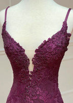 Elegant  Mermaid Formal Dress Under $170’Ã?Charming Grape Spaghetti Straps Applique Long Backless Prom Dress With Slit