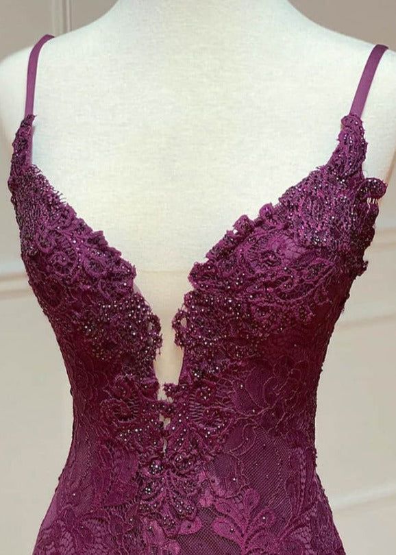 Elegant  Mermaid Formal Dress Under $170’Ã?Charming Grape Spaghetti Straps Applique Long Backless Prom Dress With Slit