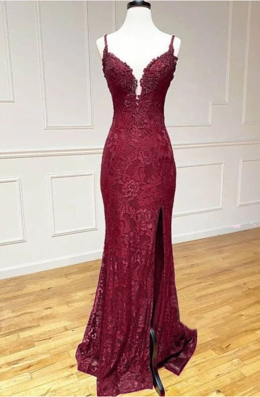 Elegant  Mermaid Formal Dress Under $170’Ã?Charming Grape Spaghetti Straps Applique Long Backless Prom Dress With Slit