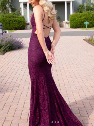 Elegant  Mermaid Formal Dress Under $170’Ã?Charming Grape Spaghetti Straps Applique Long Backless Prom Dress With Slit