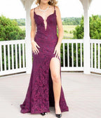 Elegant  Mermaid Formal Dress Under $170’Ã?Charming Grape Spaghetti Straps Applique Long Backless Prom Dress With Slit