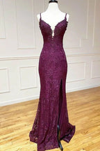 Elegant  Mermaid Formal Dress Under $170’Ã?Charming Grape Spaghetti Straps Applique Long Backless Prom Dress With Slit