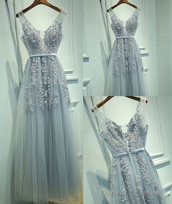 Elegant Gray A-Line Tulle Long Prom Dress V Neck Prom Dresses Lace Evening Dress Secondary image