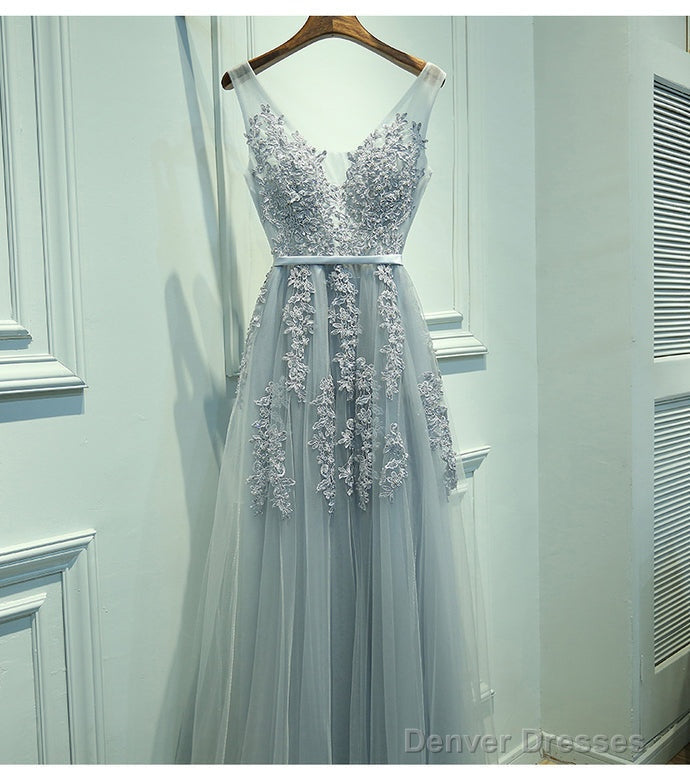 Elegant Gray A-Line Tulle Long Prom Dress V Neck Prom Dresses Lace Evening Dress