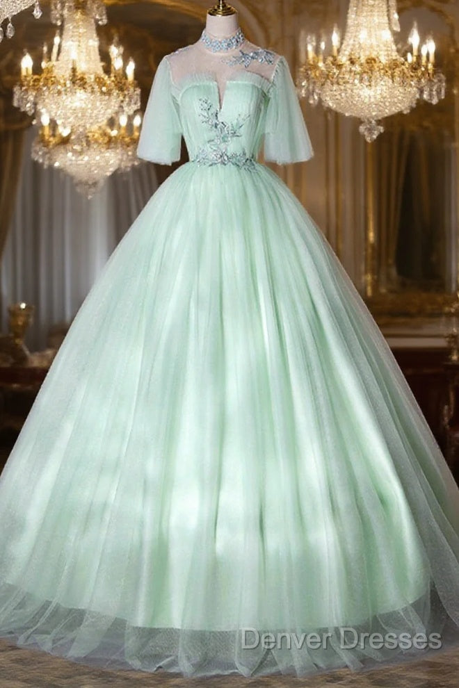 Elegant Green A-Line Princess Prom Dress, A-Line Lace Evening Party Dress Main image