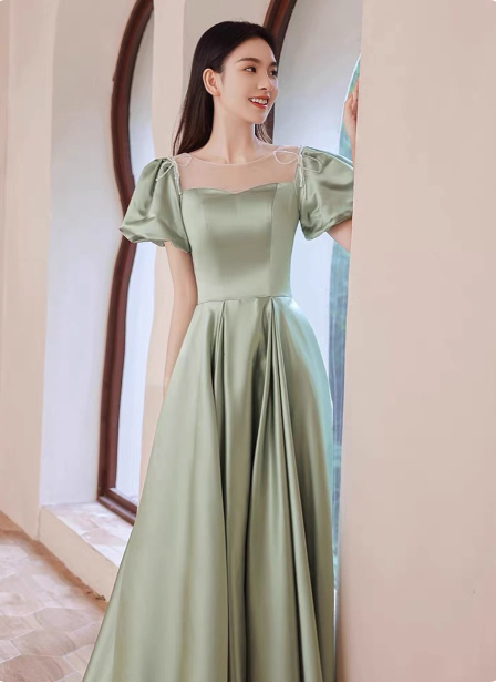 Elegant Green A-Line Puff Sleeve Satin Long Prom Dress Evening Dress Bridesmaid DressP4574 Secondary image